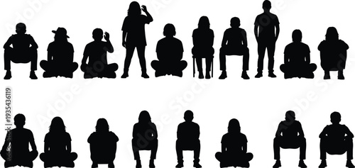 People sitting and standing silhouettes collection, men and women in various poses isolated vector illustration set