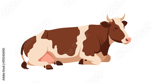 Cute Brown and White Bovine Illustration Resting Quietly. Vector Illustrations. EPS Editable