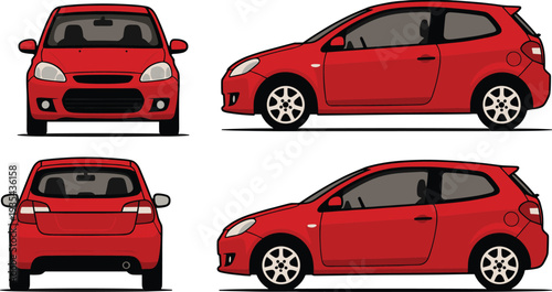 Red compact hatchback car vector illustration with front, rear and side views, modern urban vehicle isolated on white background for automotive design