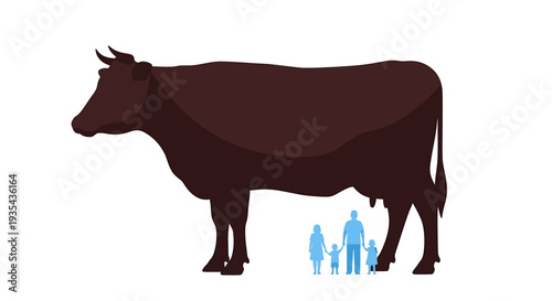 Dark Brown Cow Silhouette with Small Blue People Underneath. Vector Illustrations. EPS Editable
