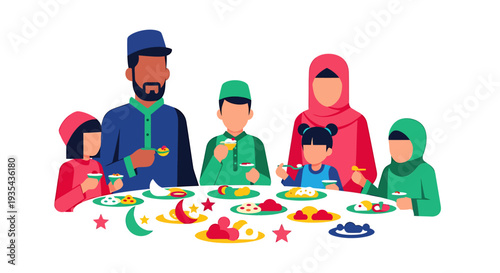 Diverse family and friends craft cookies together at table. Vector Illustrations. EPS Editable