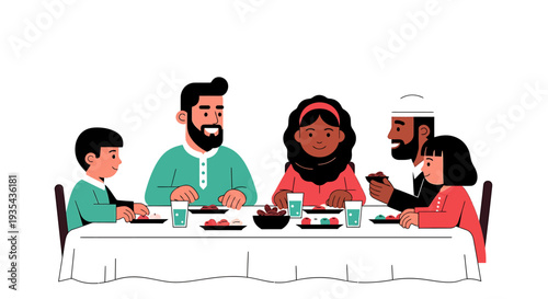 Diverse family dining together at a table. Vector Illustrations. EPS Editable