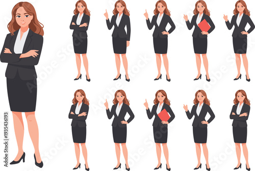 Professional blonde businesswoman character pose set vector illustration, elegant female office worker isolated on white background