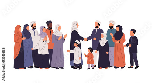 Diverse Community Group Greet and Exchange Around Child Center Stage. Vector Illustrations. EPS Editable