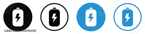 Set of battery charging icons with lightning bolt symbol. Four variations including solid and line styles in black and blue circular frames. Vector illustration for power and energy status.