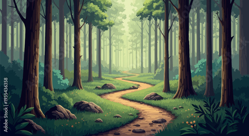 Serene winding path through a lush green forest with tall trees and glowing mist providing a perfect natural landscape background for various environmental projects