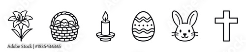 Collection of hand drawn Easter holiday symbols including lily flower, egg basket, burning candle, decorated egg, bunny face, and Christian cross for springtime celebrations and religious