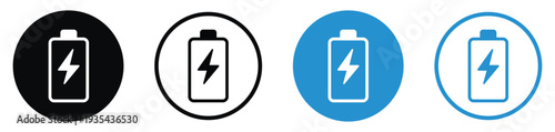 Set of battery charging icons with lightning bolt symbol. Four variations including solid and line styles in black and blue circular frames. Vector illustration for power and energy status.
