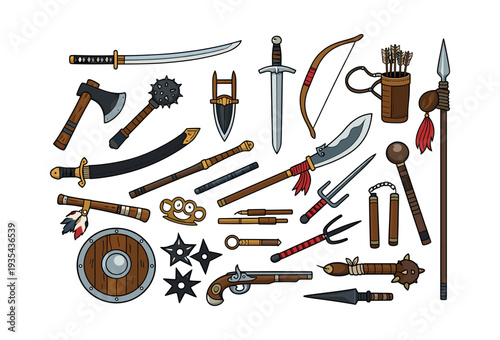 Set of various weapons depicting a fantasy arsenal, including swords, axes, bows, and shields, on a clean white background