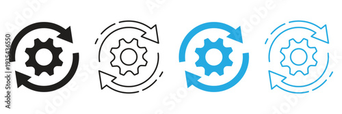 Automated process optimization and system update icon vector. Gear cog with check mark and circular sync arrows symbol set. Vector illustration