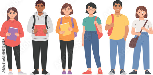 Multicultural group of college students vector illustration, diverse young teenagers with backpacks 