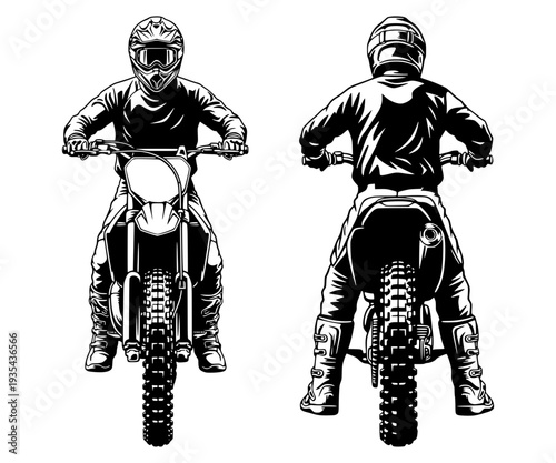 Motocross Rider Front And Back View Silhouette, Off-Road Motorcycle Racing, Dirt Bike Athlete In Protective Gear, Action Sports Vector