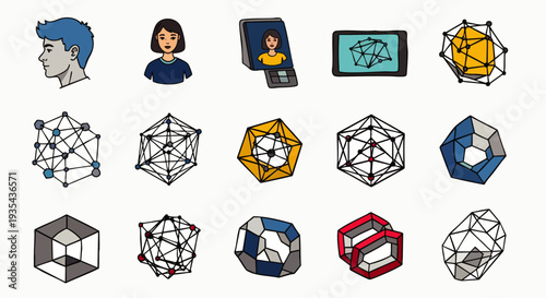 Hand-drawn doodle vector icons: diverse people, communication, geometric shapes, network diagrams, and interconnected data structures. Science and tech.