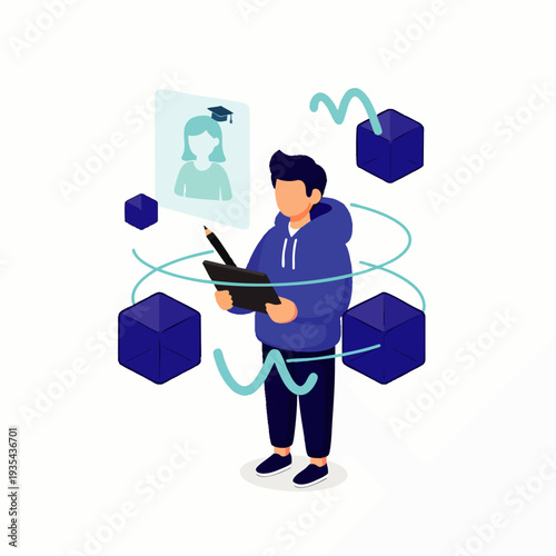 Isometric illustration of a student learning online with a tablet, surrounded by virtual elements and a digital mentor, symbolizing modern e-learning.