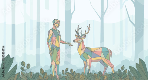 Colorful geometric human figure and a majestic deer engage in a calm interaction within a tranquil forest scene, suitable for nature conservation themes, ecological presentations, or