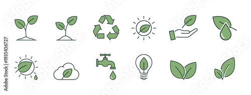 A collection of ecofriendly line icons representing environmental sustainability, nature conservation, and green energy concepts, ideal for educational resources and sustainable project