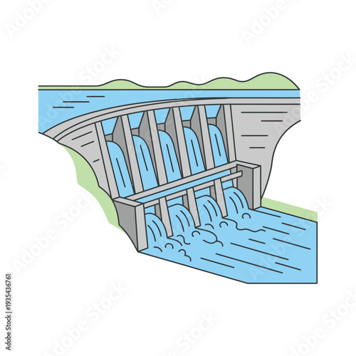 Hydroelectric Dam Generating Clean Energy from Flowing Water, Vector Illustration