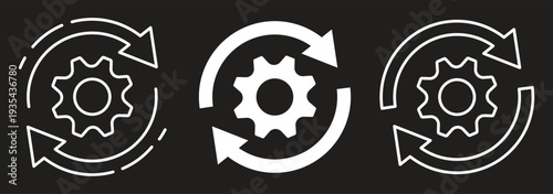 Sync process and workflow icon set. Cycle icons representing refresh process gears. white line and solid icons