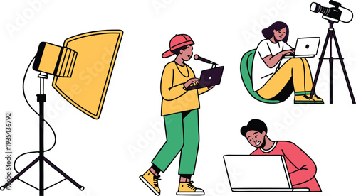 Flat vector illustration of content creators and media production team using laptops, cameras, and microphones for digital storytelling in a modern creative studio.