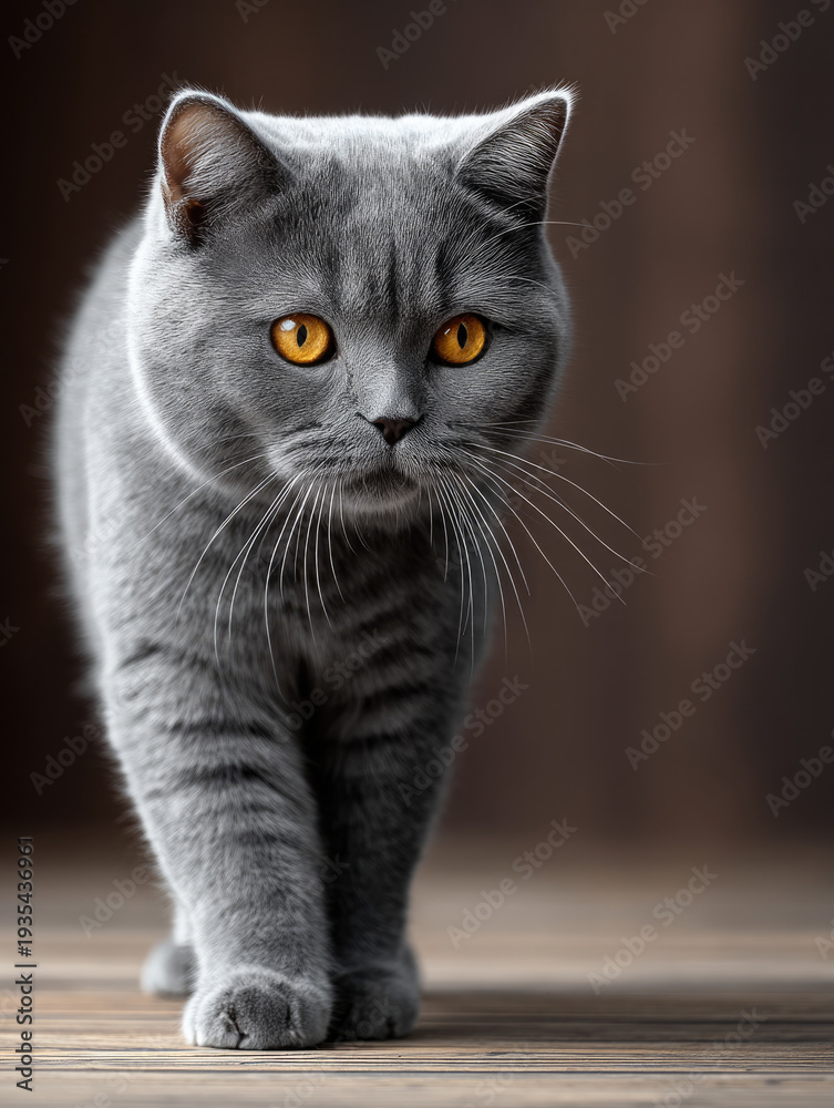 Obraz premium British shorthair cat grey fur amber eyes walking on wooden floor indoor curious calm whiskers domestic pet