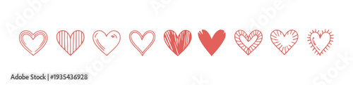 Set of cute hearts icons collection with different textures and outline style in red color vector art