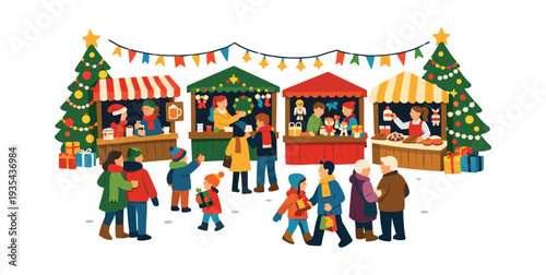 Crowd of people visiting a lively outdoor Christmas market, browsing stalls with various holiday goods and festive food