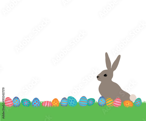 Illustration: Osterhase und bunte Ostereier auf einer Wiese, horizontal, transparent, Vektorgrafik ohne Hintergrund
