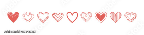 Assortment of red hand drawn hearts with different textures shining effects and line work vector art