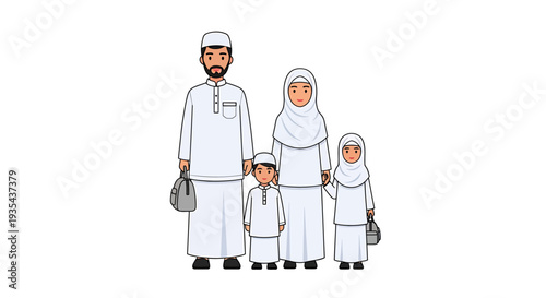 Family of Traditional White Attire Muslim Household Illustration. Vector Illustrations. EPS Editable