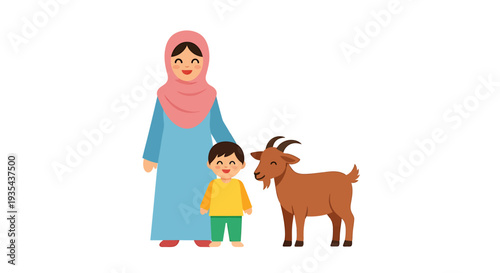Friendly Cartoon Family Scene Featuring Woman Child and Goat. Vector Illustrations. EPS Editable