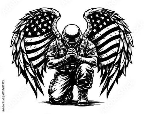 American Soldier Kneeling In Prayer With Large American Flag Patterned Angel Wings, Patriotic Military Tribute And Spiritual Graphic Design