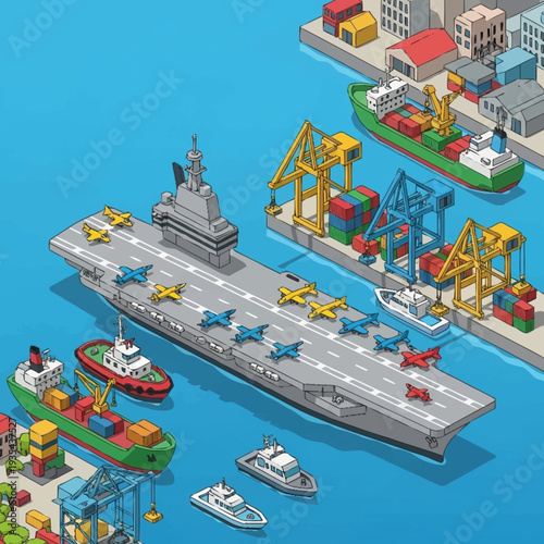 Aircraft Carrier with Support Vessels and Cranes.