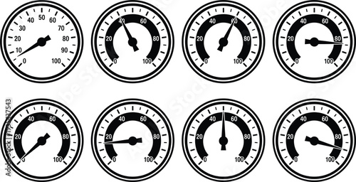 Black and White Industrial Pressure Gauge Icon Set with Different Needle Positions for Measurement, Speed, Technical Control Panels, and Engineering Dashboard Graphic Designs