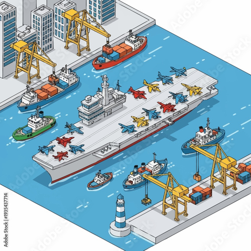 Isometric Illustration of Cargo Ship and Harbour.