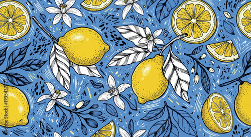 Vibrant seamless citrus fruit pattern featuring hand drawn fresh yellow lemons, juicy slices, natural foliage, and delicate white blossoms on a lively blue background perfect for textile,