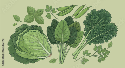 A vibrant collection of fresh green leafy vegetables including cabbage spinach kale basil parsley and peas for healthy eating and cooking presentations