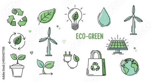 Collection of eco friendly green energy icons with recycle symbols wind turbines solar panels and plants representing environmental sustainability for branding materials and educational