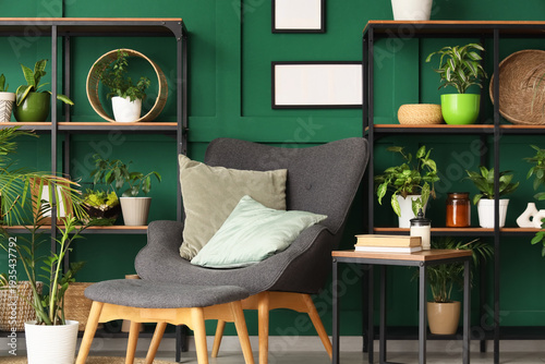 Armchair, shelving units an...