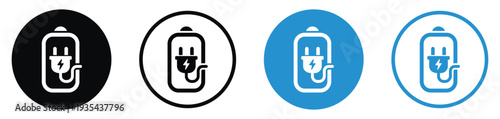 Battery charging icons featuring an electric plug with a lightning bolt. Four variations in black and blue circular frames representing power connection and active device charging status.