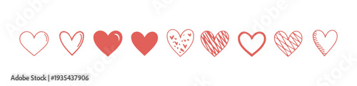 Lineup of vector hearts in various red and pink tones different styles and textures on white background