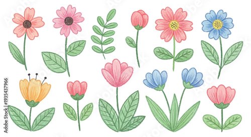 Colorful pastel watercolor flowers and green leaves arranged in a lovely decorative collection perfect for spring and summer celebration invitations, greeting cards, or childrens book