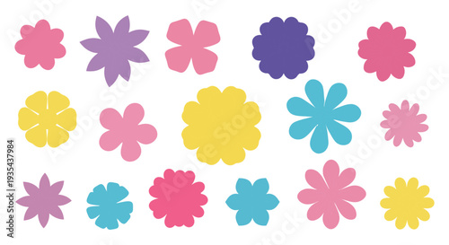 Vibrant assorted floral petal shapes in cheerful pink, purple, yellow, and blue hues creating a playful spring and summer aesthetic for childrens projects, greeting cards, and cheerful