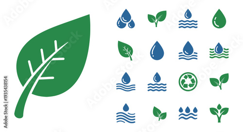 A collection of various green leaf and blue water drop icons representing environmental protection, nature, and sustainability, ideal for ecological branding, web graphics, and educational