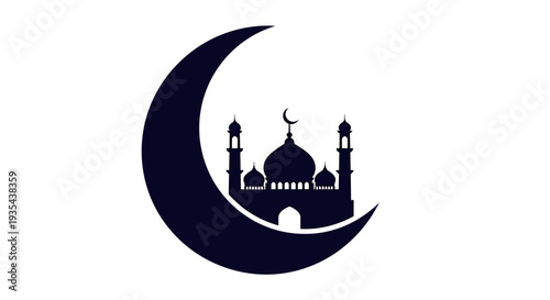Moon Crescent Mosque Silhouette At Night Inspiration. Vector Illustrations. EPS Editable