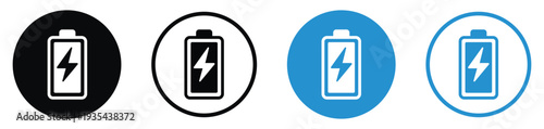 Set of battery charging icons with lightning bolt symbol. Four variations including solid and line styles in black and blue circular frames. Vector illustration for power and energy status.