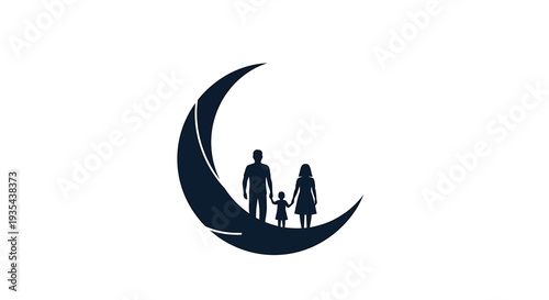 Moonlit Family Silhouette Under a Crescent Night Sky. Vector Illustrations. EPS Editable