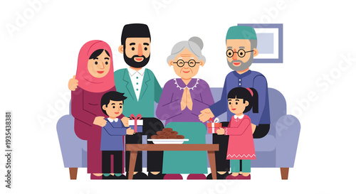 Multigenerational Family Gathered Together In Cozy Living Room. Vector Illustrations. EPS Editable