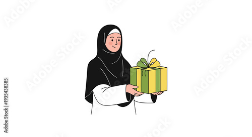 Muslim Woman in Hijab Presents Gift Box. Vector Illustrations. EPS Editable