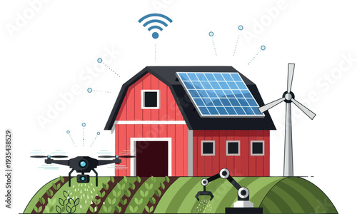 Modern smart farming practices integrating advanced technology like drones and robotic arms with sustainable energy sources such as solar panels and wind turbines for efficient agricultural