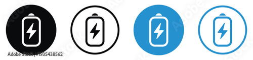 Set of battery charging icons with lightning bolt symbol. Four variations including solid and line styles in black and blue circular frames. Vector illustration for power and energy status.